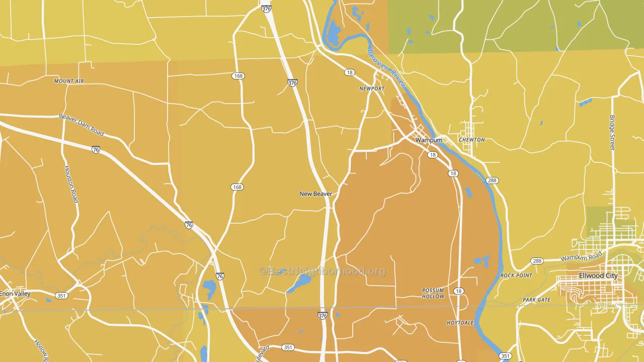 Map of the best neighborhoods in the New Beaver area, with better matches in green and worse matches in red