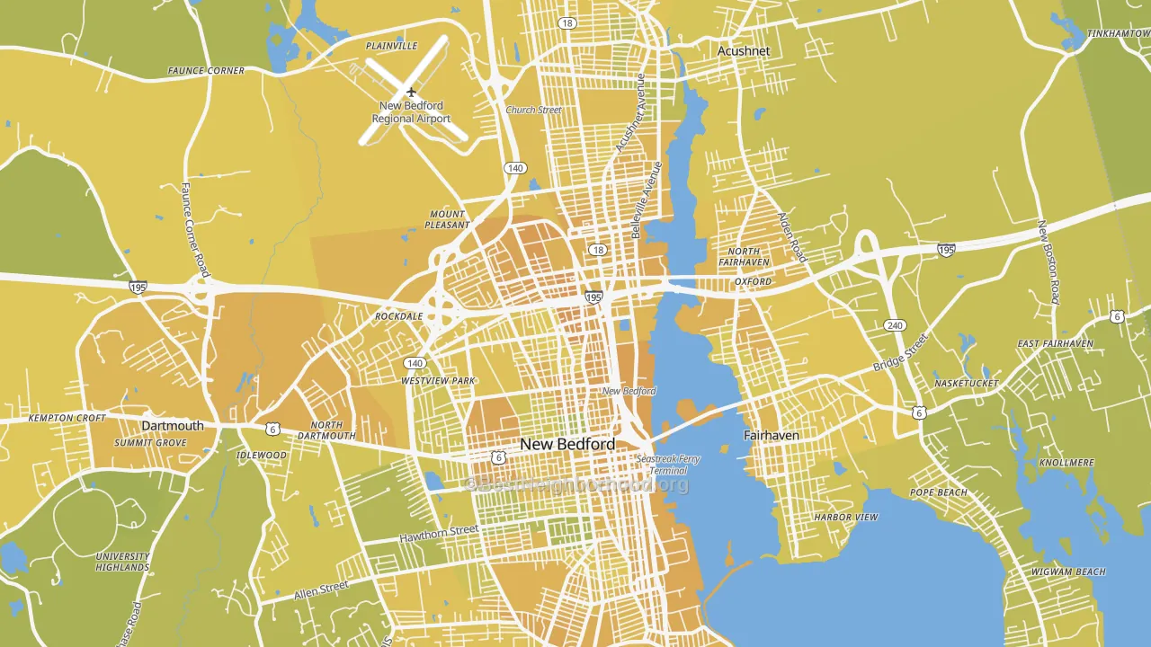 Map of the best neighborhoods in the New Bedford area, with better matches in green and worse matches in red