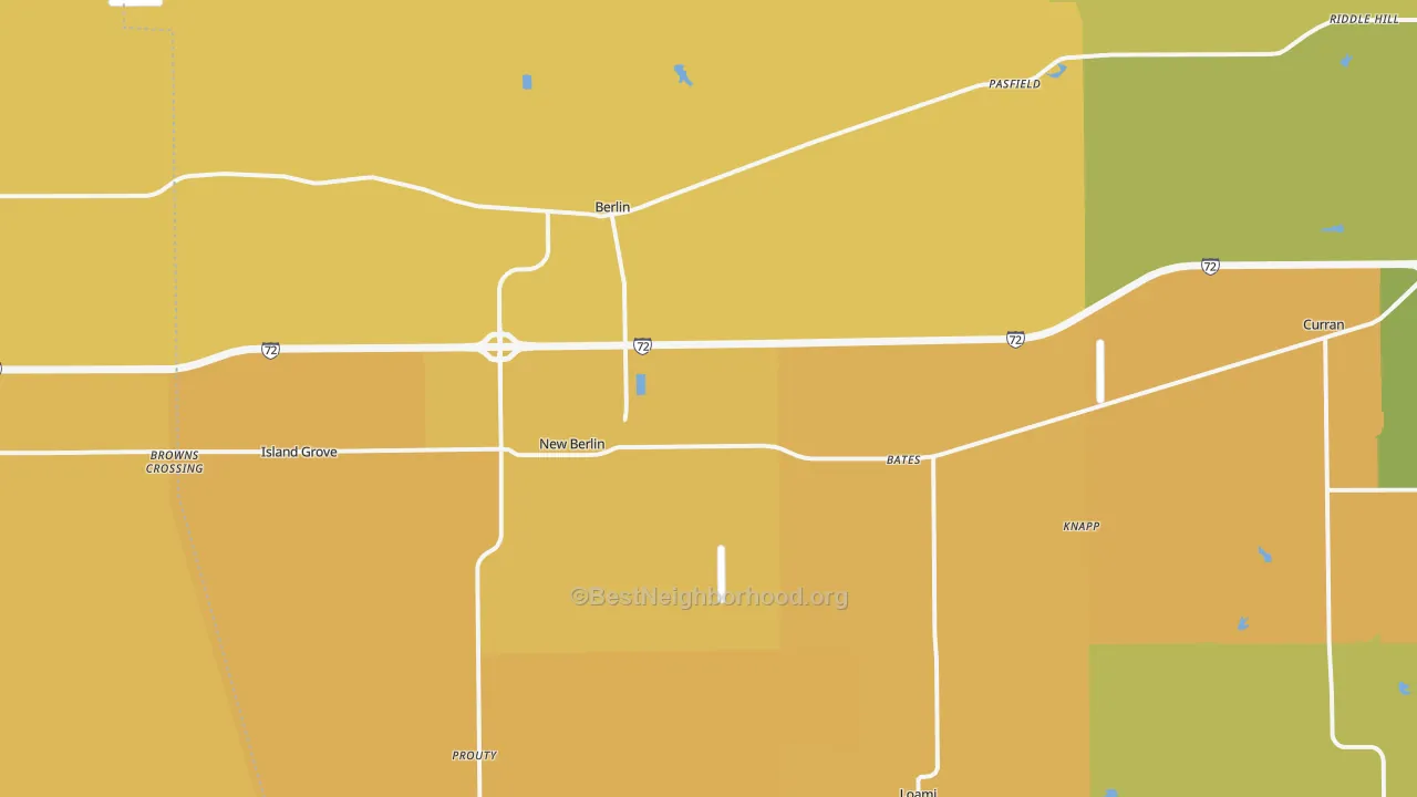 Map of the best neighborhoods in the New Berlin area, with better matches in green and worse matches in red