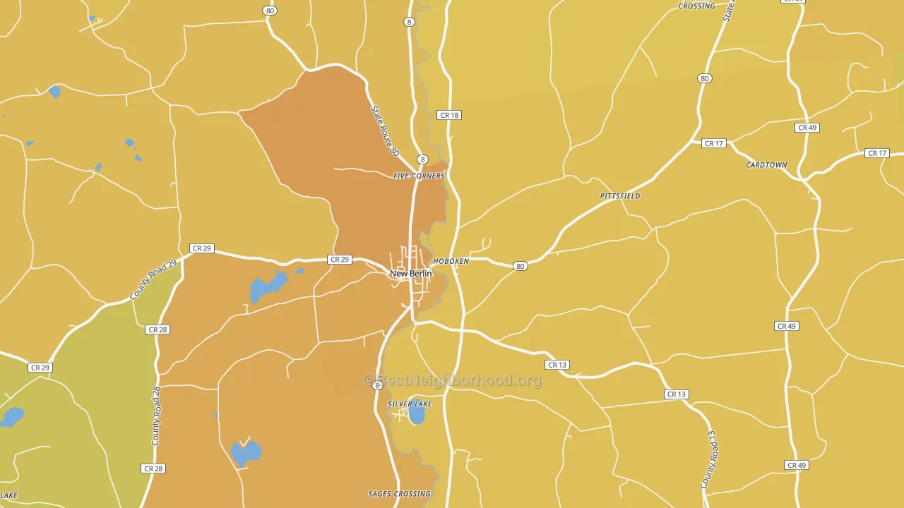Map of the best neighborhoods in the New Berlin area, with better matches in green and worse matches in red