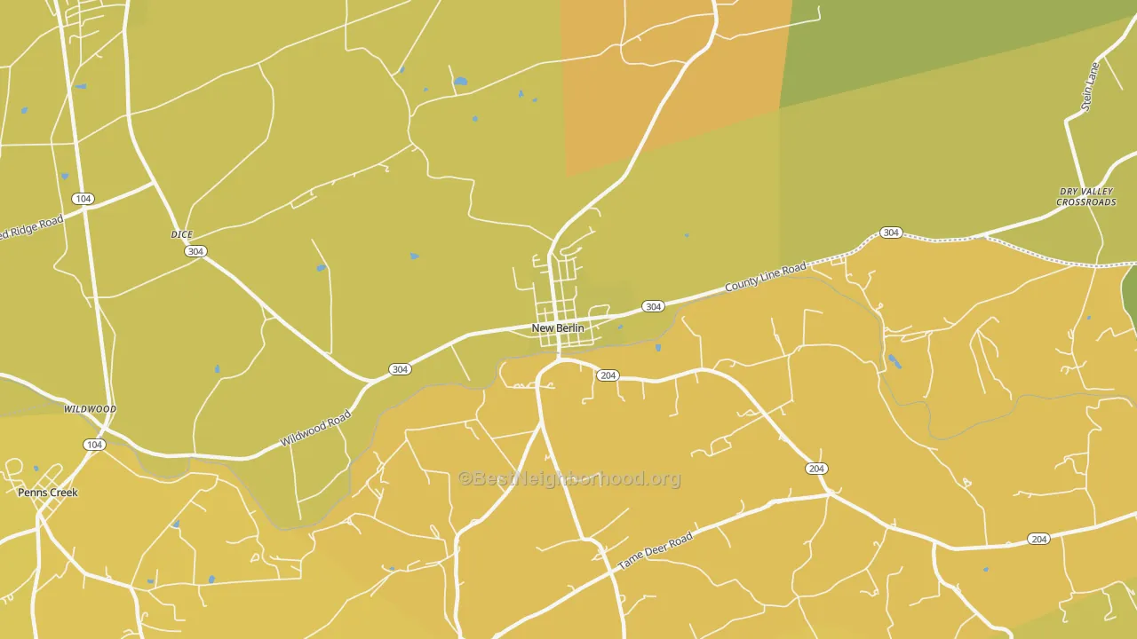 Map of the best neighborhoods in the New Berlin area, with better matches in green and worse matches in red