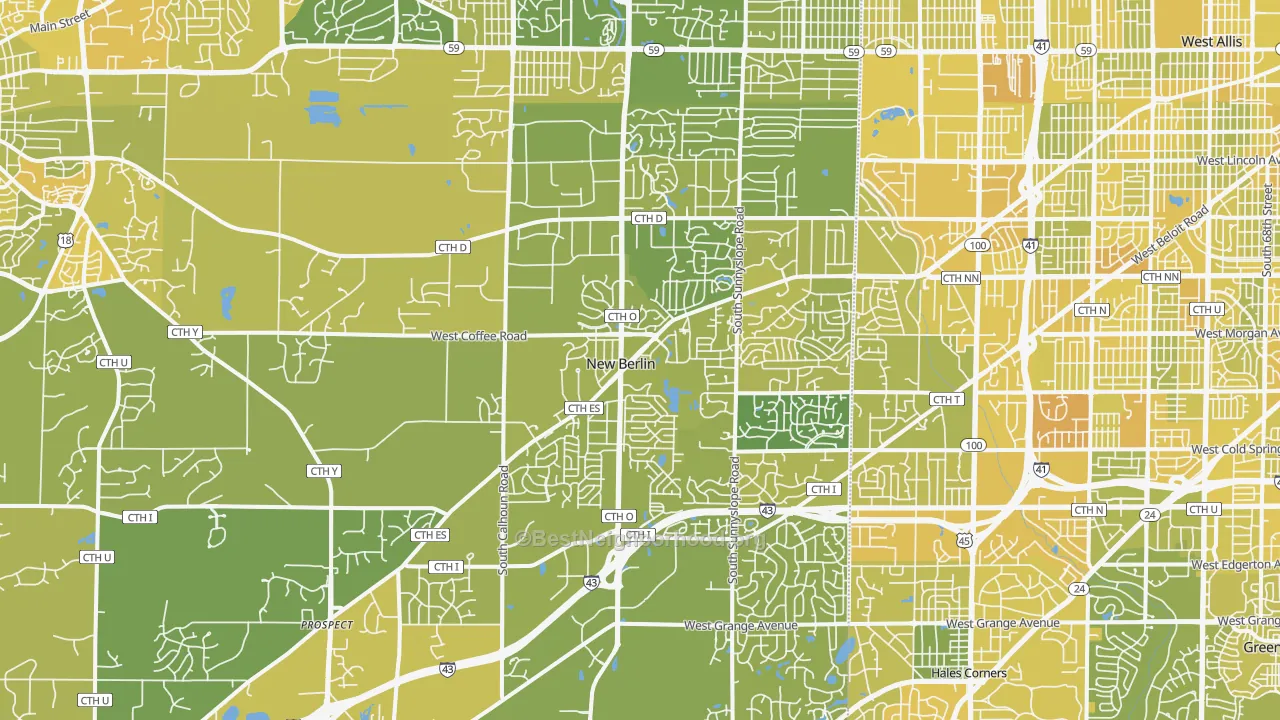 Map of the best neighborhoods in the New Berlin area, with better matches in green and worse matches in red