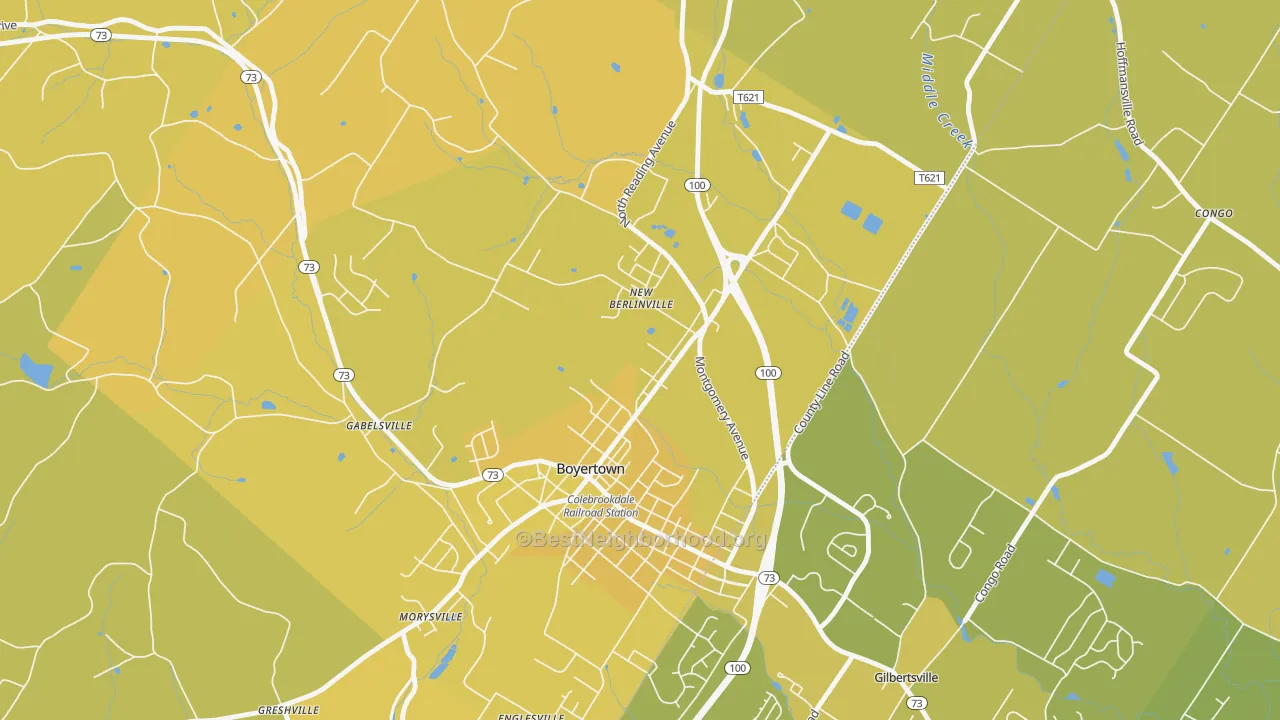 Map of the best neighborhoods in the New Berlinville area, with better matches in green and worse matches in red