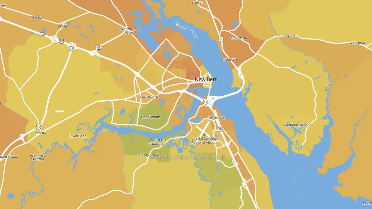 Map of the best neighborhoods in the New Bern area, with better matches in green and worse matches in red