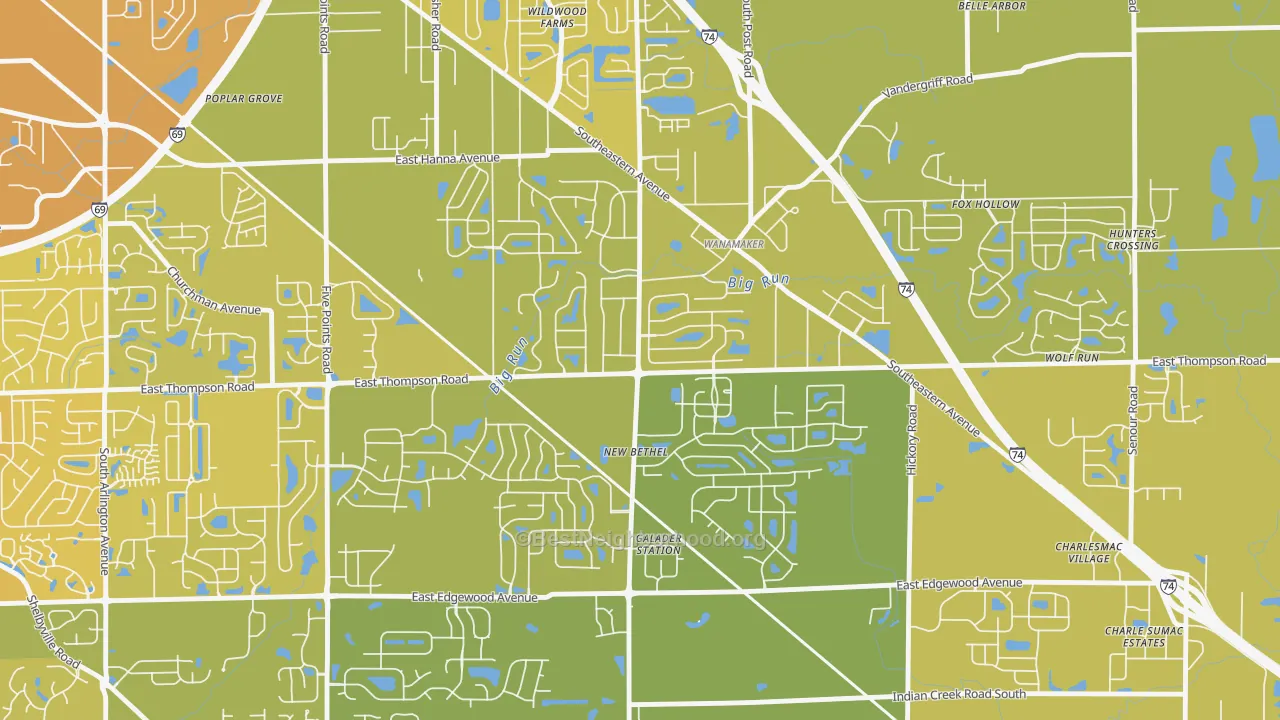 Map of the best neighborhoods in the New Bethel, Indianapolis area, with better matches in green and worse matches in red