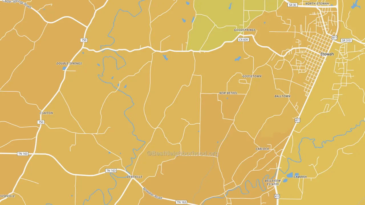 Map of the best neighborhoods in the New Bethel area, with better matches in green and worse matches in red
