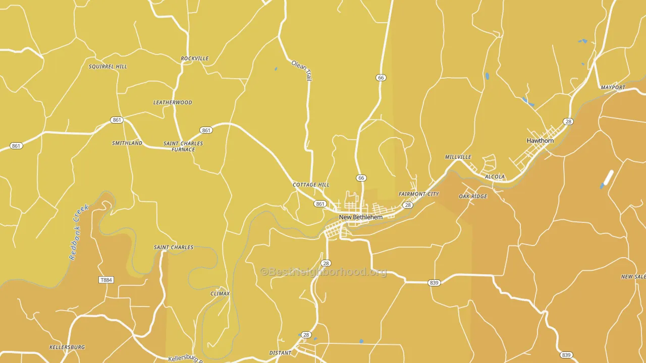 Map of the best neighborhoods in the New Bethlehem area, with better matches in green and worse matches in red