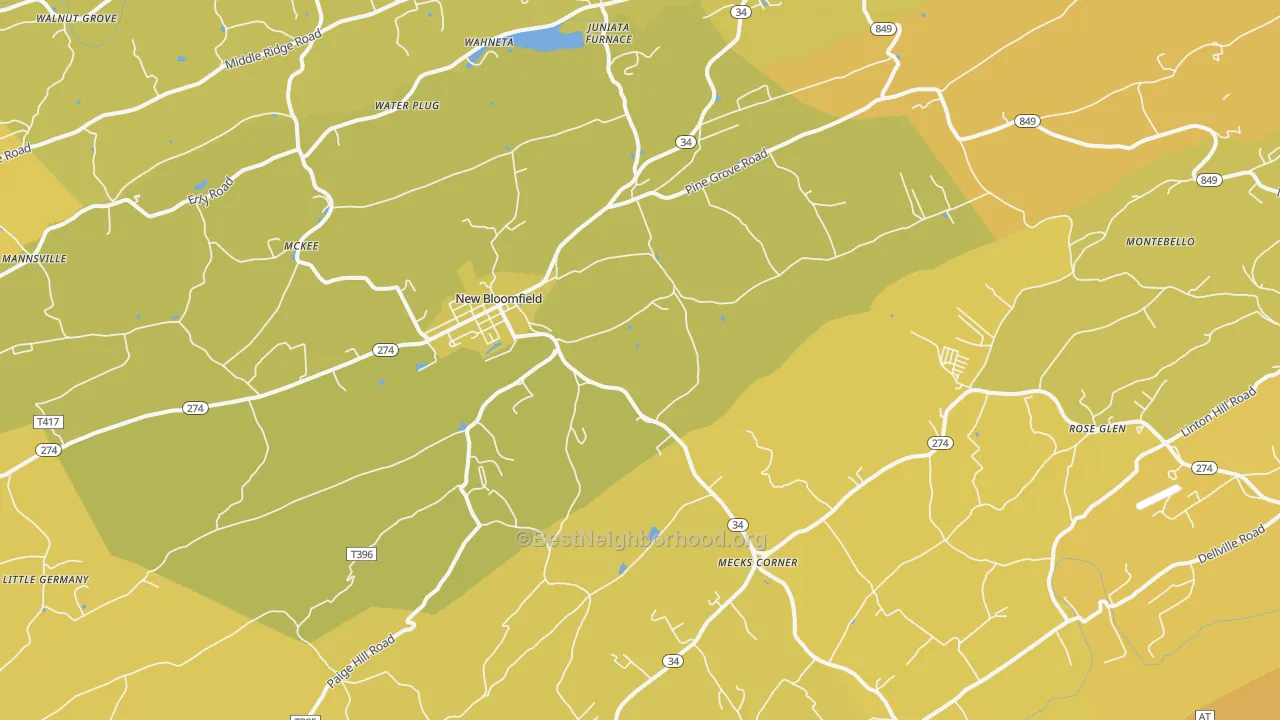 Map of the best neighborhoods in the New Bloomfield area, with better matches in green and worse matches in red