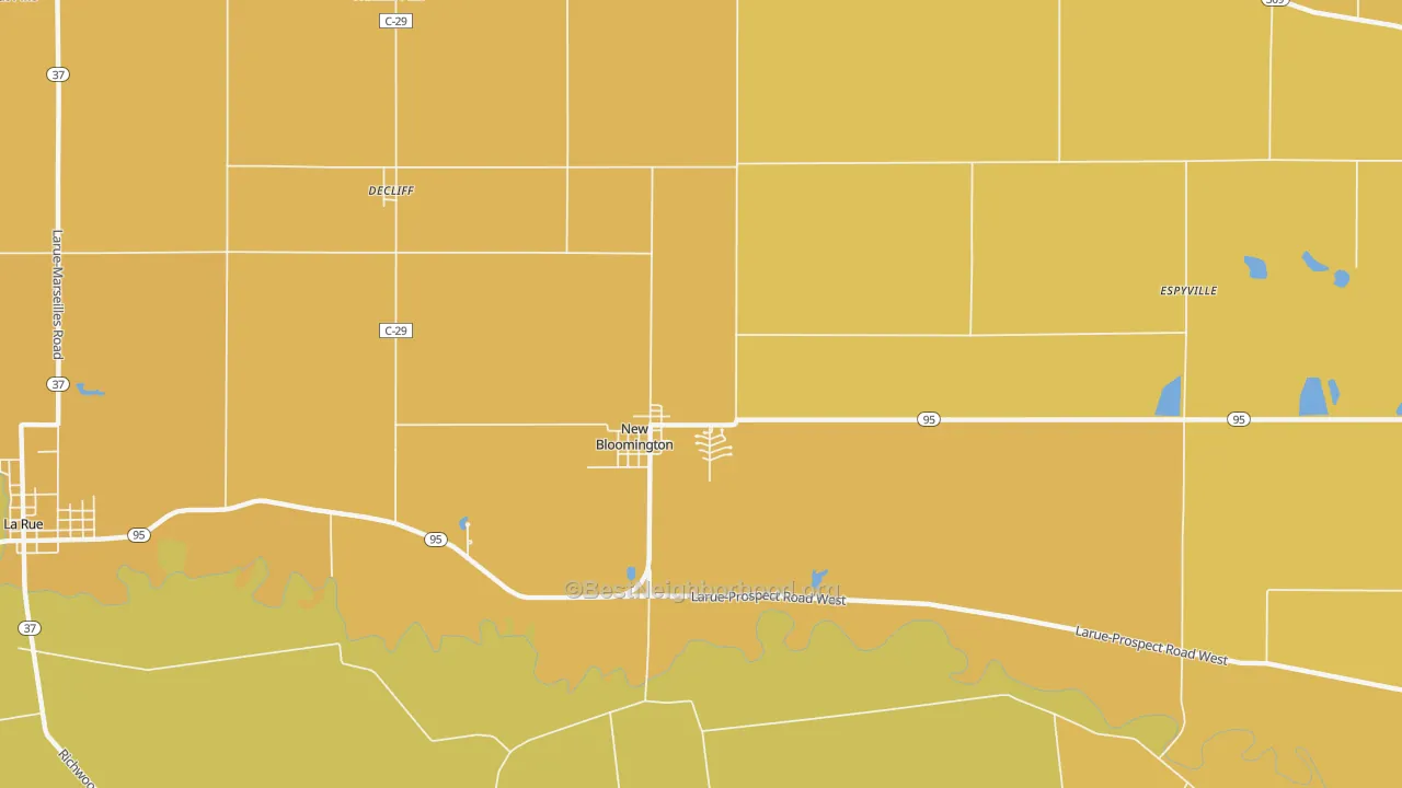Map of the best neighborhoods in the New Bloomington area, with better matches in green and worse matches in red