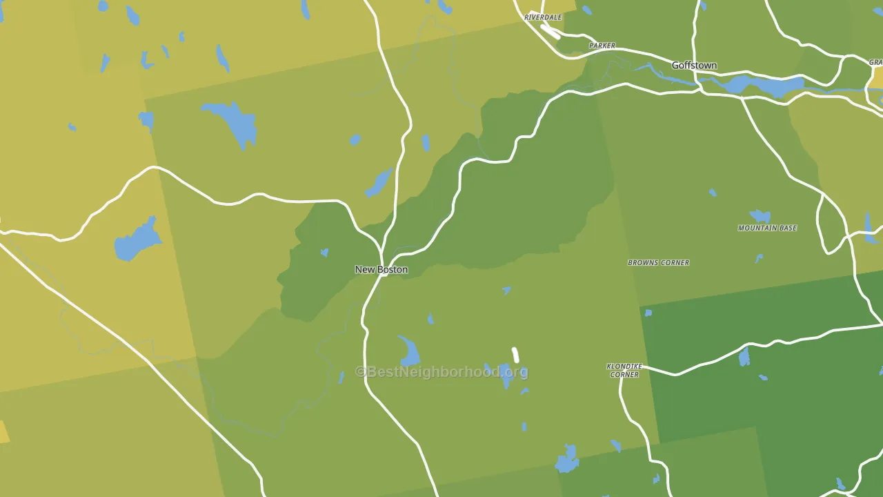 Map of the best neighborhoods in the New Boston area, with better matches in green and worse matches in red