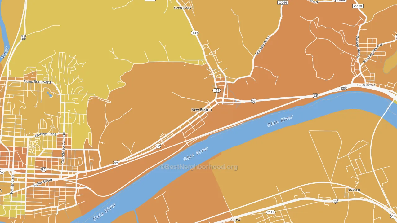 Map of the best neighborhoods in the New Boston area, with better matches in green and worse matches in red