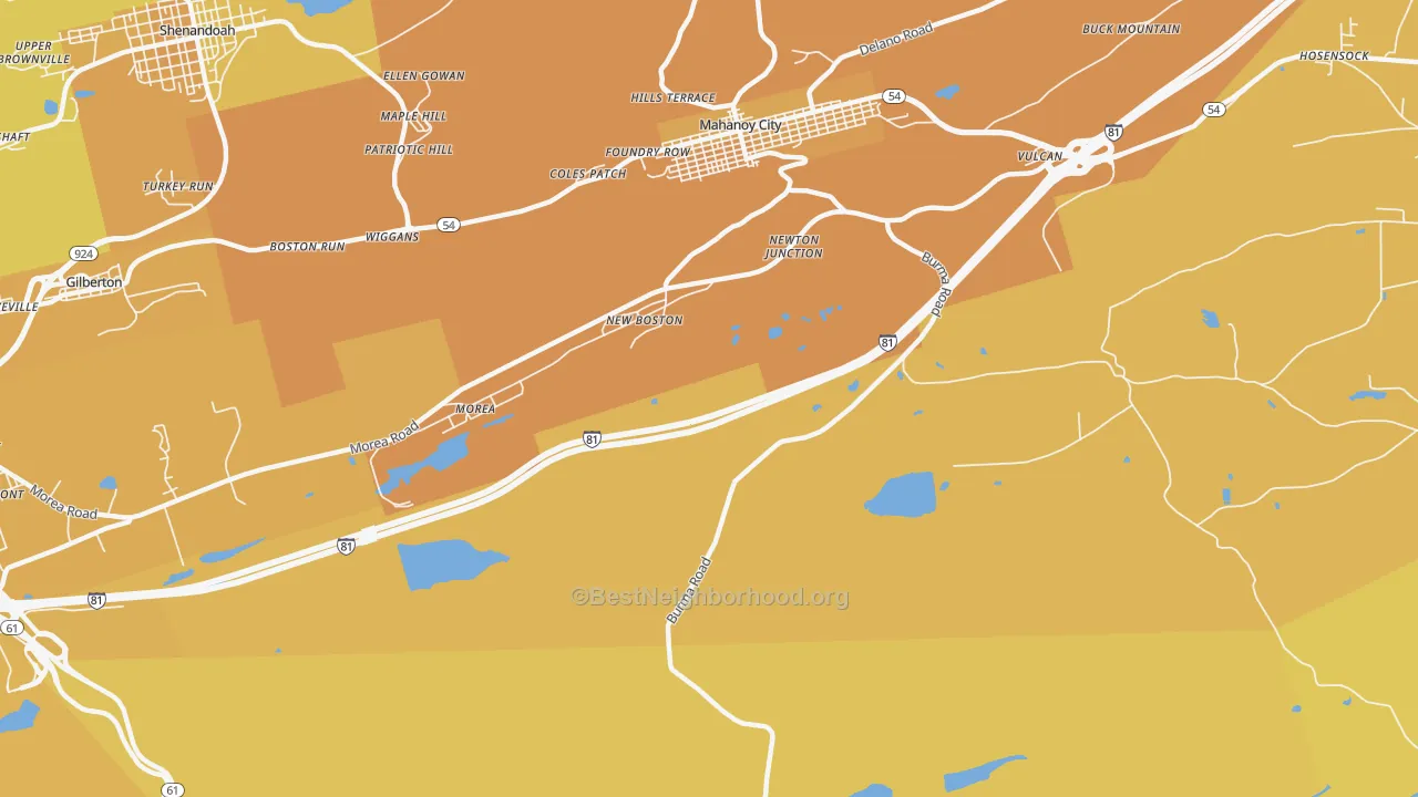 Map of the best neighborhoods in the New Boston area, with better matches in green and worse matches in red