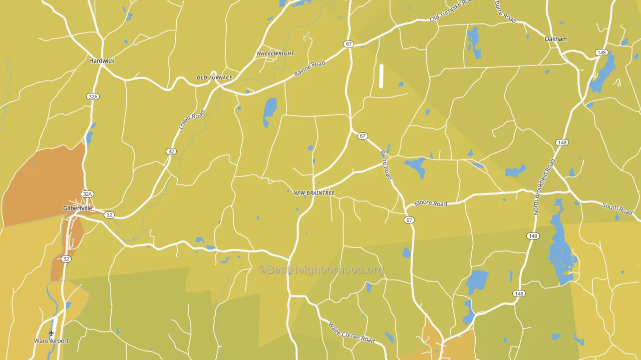 Map of the best neighborhoods in the New Braintree area, with better matches in green and worse matches in red