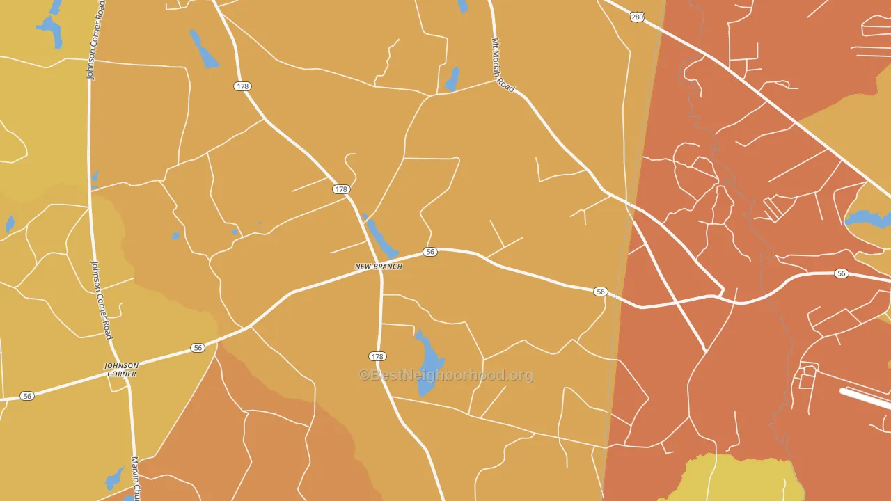 Map of the best neighborhoods in the New Branch area, with better matches in green and worse matches in red