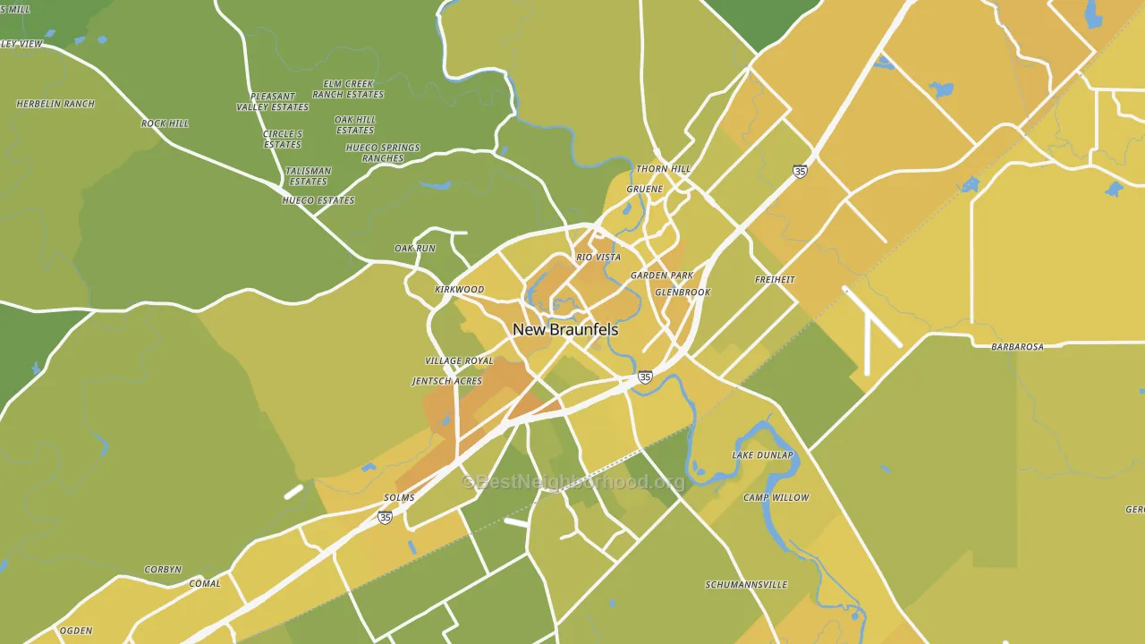 Map of the best neighborhoods in the New Braunfels area, with better matches in green and worse matches in red
