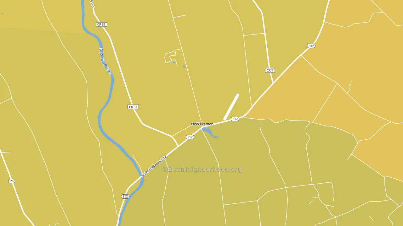 Map of the best neighborhoods in the New Bremen area, with better matches in green and worse matches in red