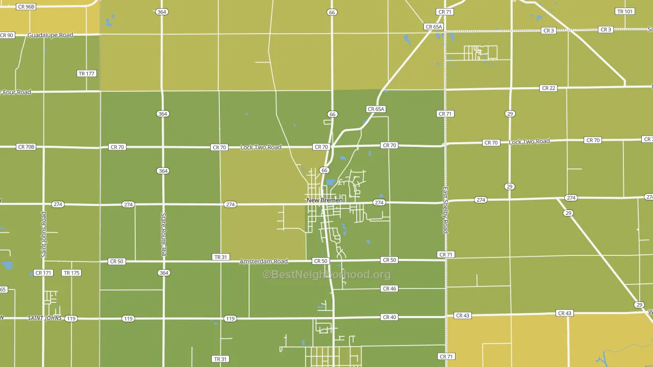 Map of the best neighborhoods in the New Bremen area, with better matches in green and worse matches in red