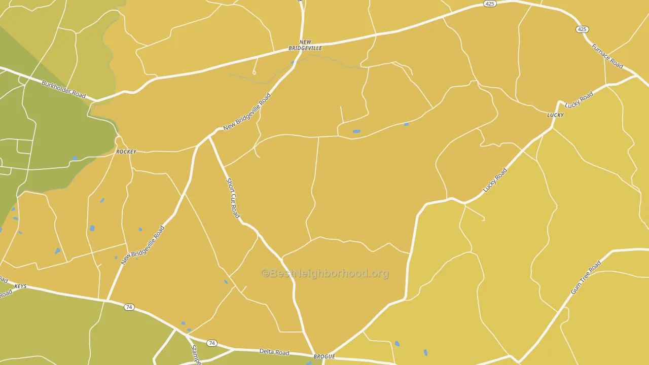 Map of the best neighborhoods in the New Bridgeville area, with better matches in green and worse matches in red