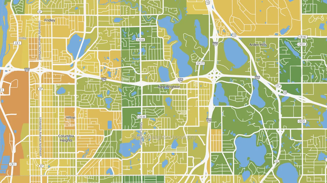 Map of the best neighborhoods in the New Brighton area, with better matches in green and worse matches in red