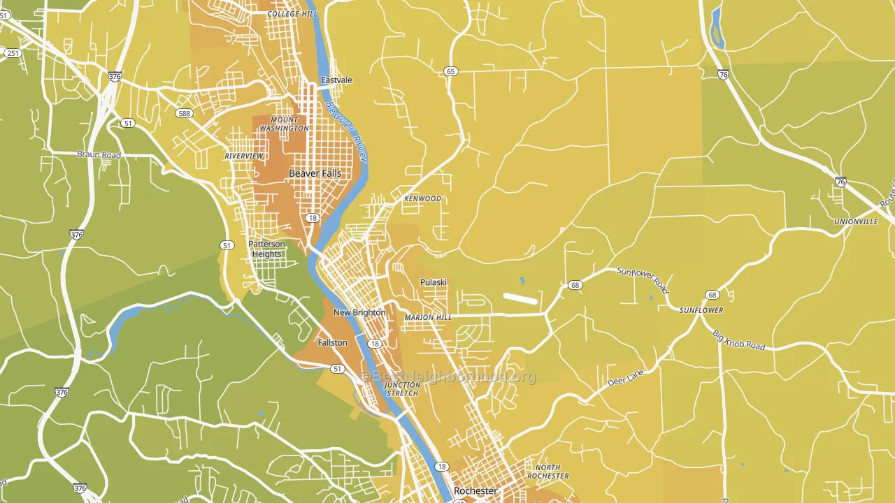 Map of the best neighborhoods in the New Brighton area, with better matches in green and worse matches in red