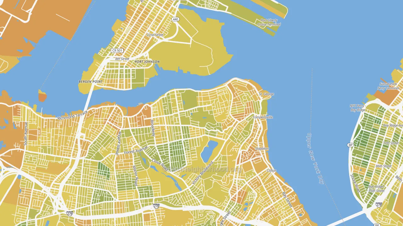 Map of the best neighborhoods in the New Brighton, Staten Island area, with better matches in green and worse matches in red