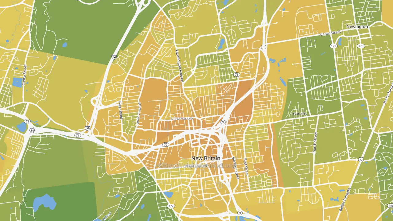 Map of the best neighborhoods in the New Britain area, with better matches in green and worse matches in red