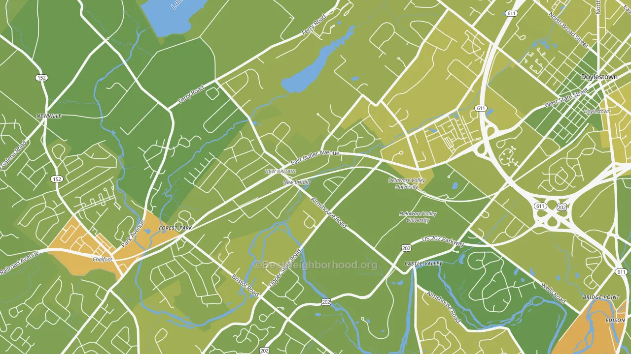 Map of the best neighborhoods in the New Britain area, with better matches in green and worse matches in red
