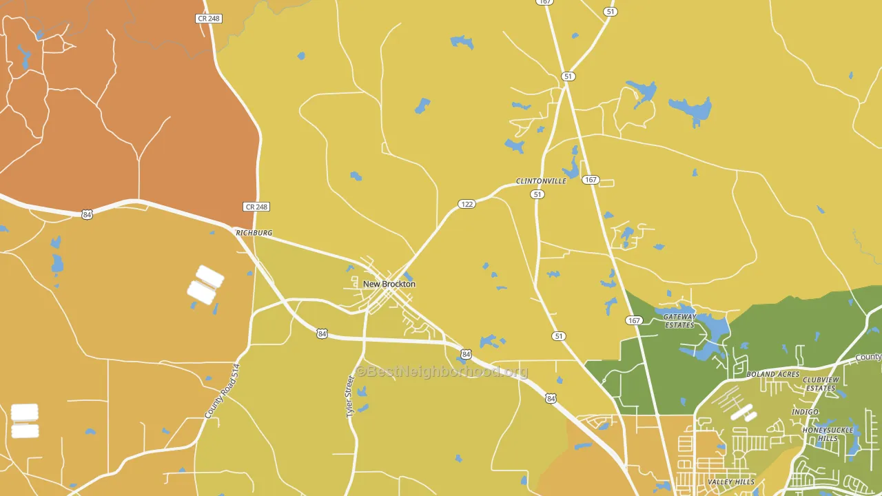 Map of the best neighborhoods in the New Brockton area, with better matches in green and worse matches in red