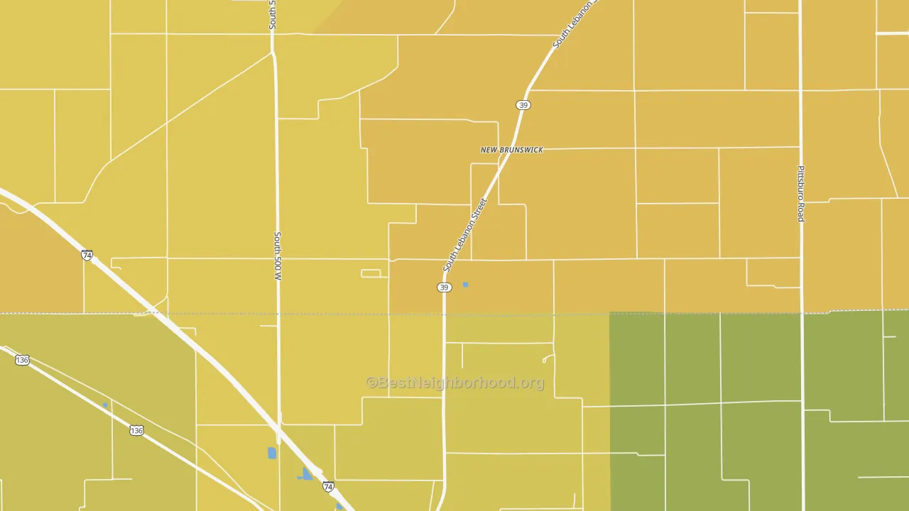 Map of the best neighborhoods in the New Brunswick area, with better matches in green and worse matches in red