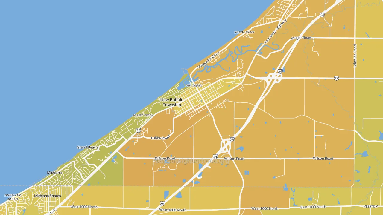 Map of the best neighborhoods in the New Buffalo area, with better matches in green and worse matches in red