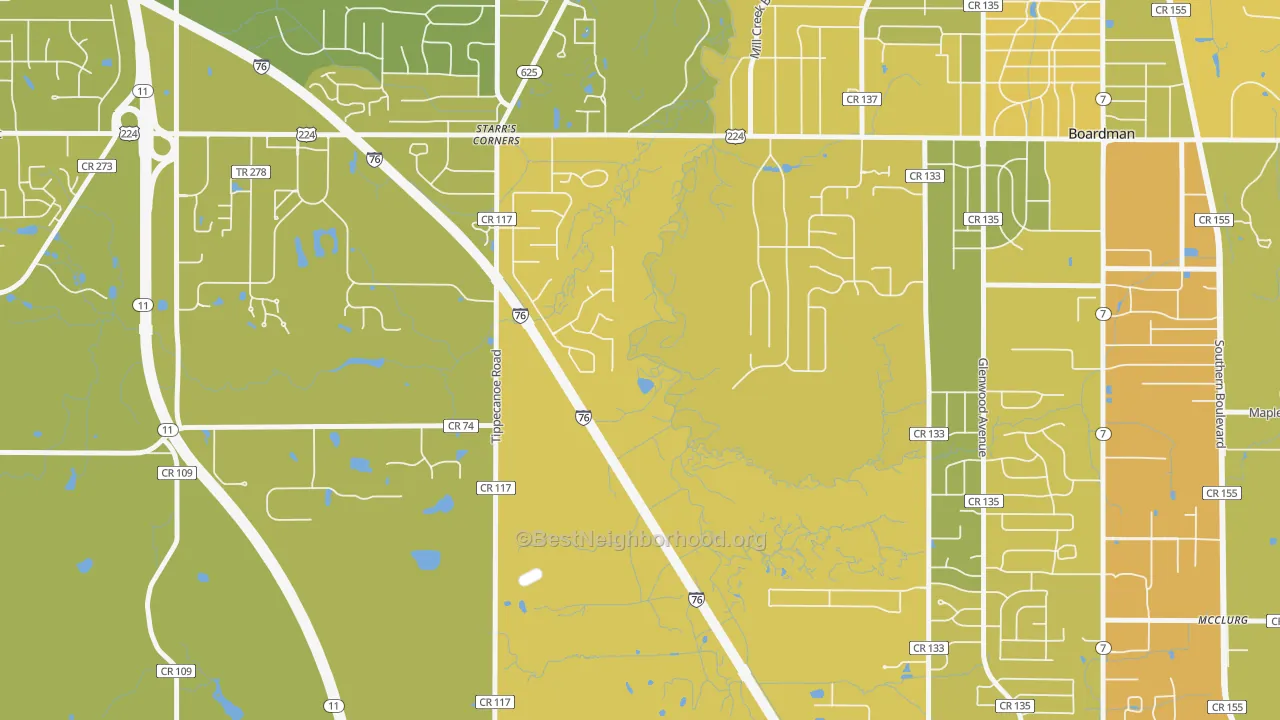 Map of the best neighborhoods in the New Buffalo area, with better matches in green and worse matches in red
