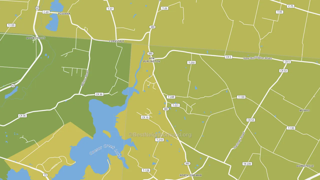 Map of the best neighborhoods in the New Burlington area, with better matches in green and worse matches in red