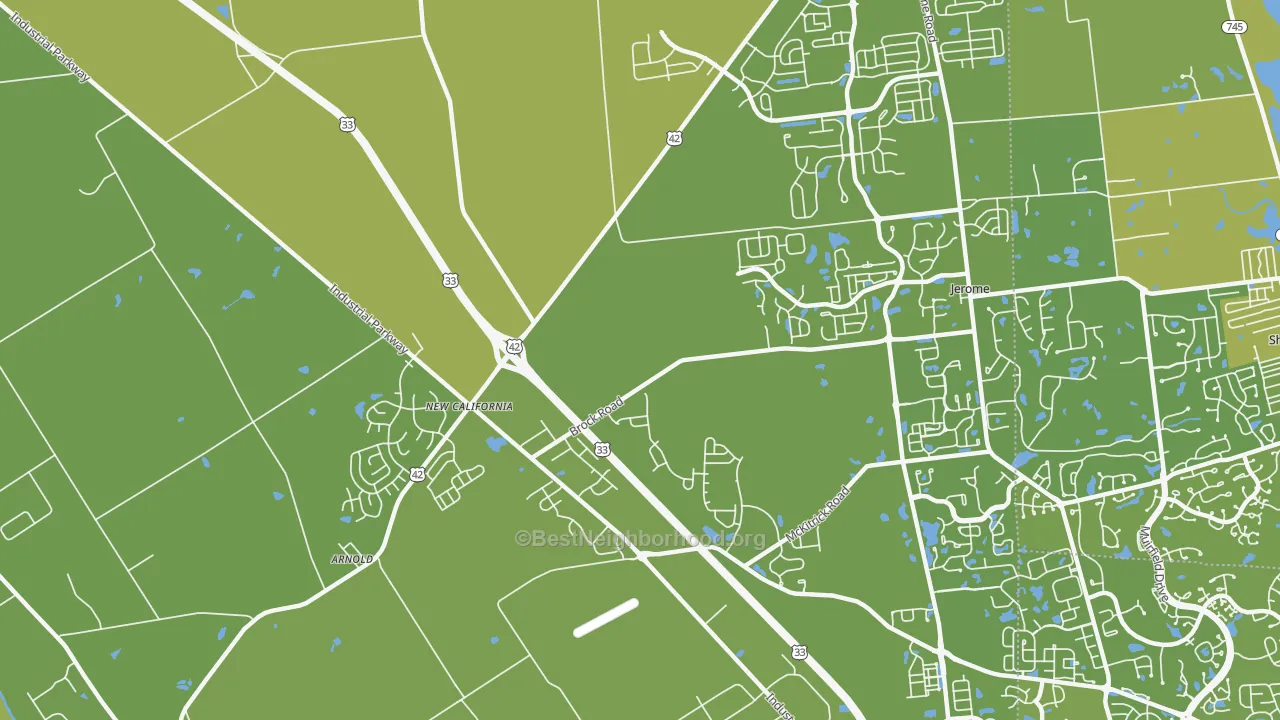 Map of the best neighborhoods in the New California area, with better matches in green and worse matches in red