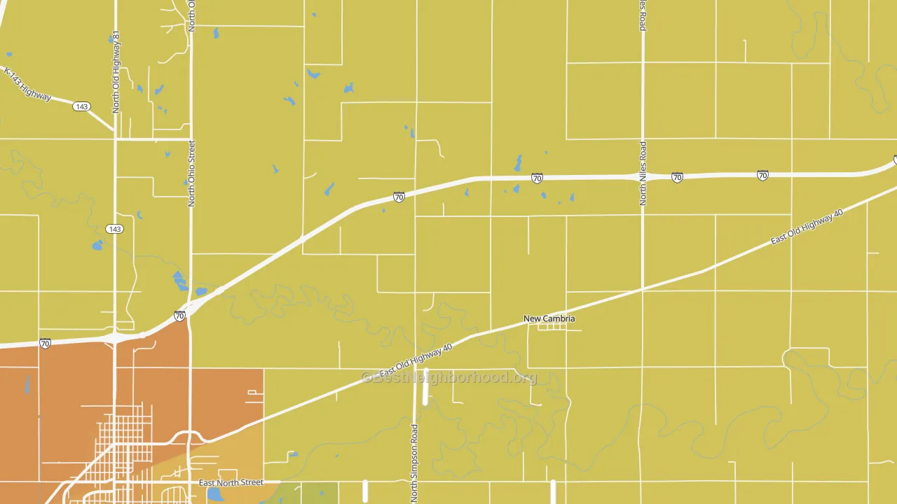 Map of the best neighborhoods in the New Cambria area, with better matches in green and worse matches in red