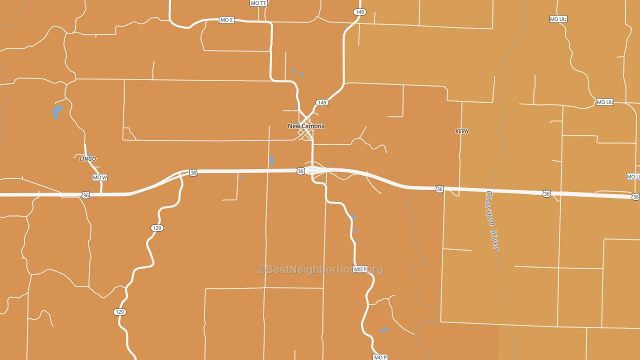 Map of the best neighborhoods in the New Cambria area, with better matches in green and worse matches in red