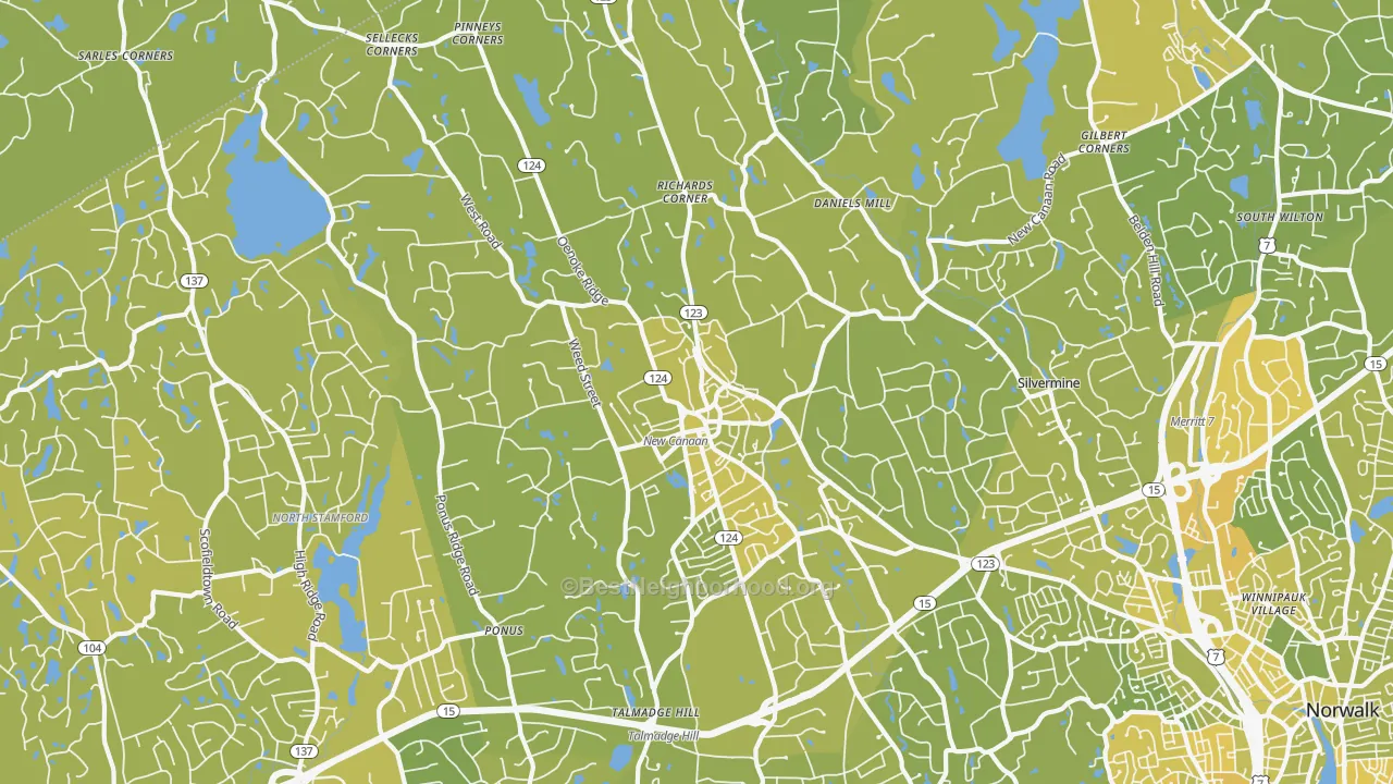 Map of the best neighborhoods in the New Canaan area, with better matches in green and worse matches in red
