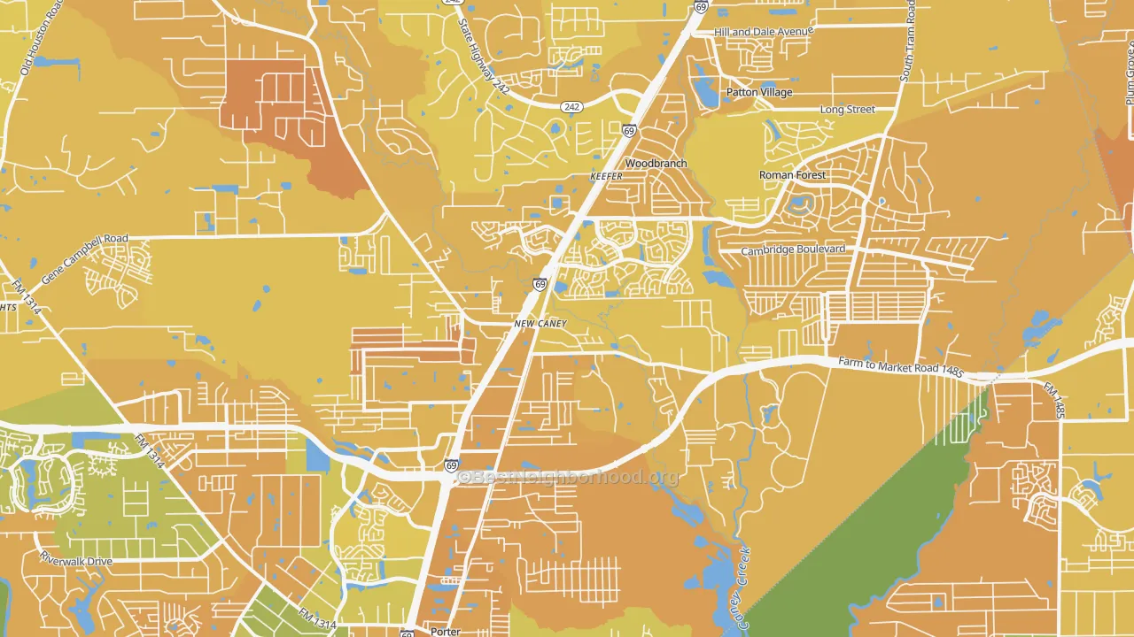 Map of the best neighborhoods in the New Caney area, with better matches in green and worse matches in red