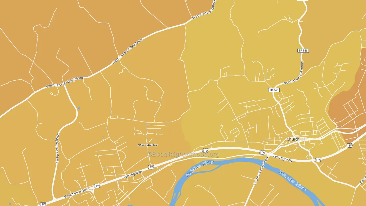 Map of the best neighborhoods in the New Canton area, with better matches in green and worse matches in red