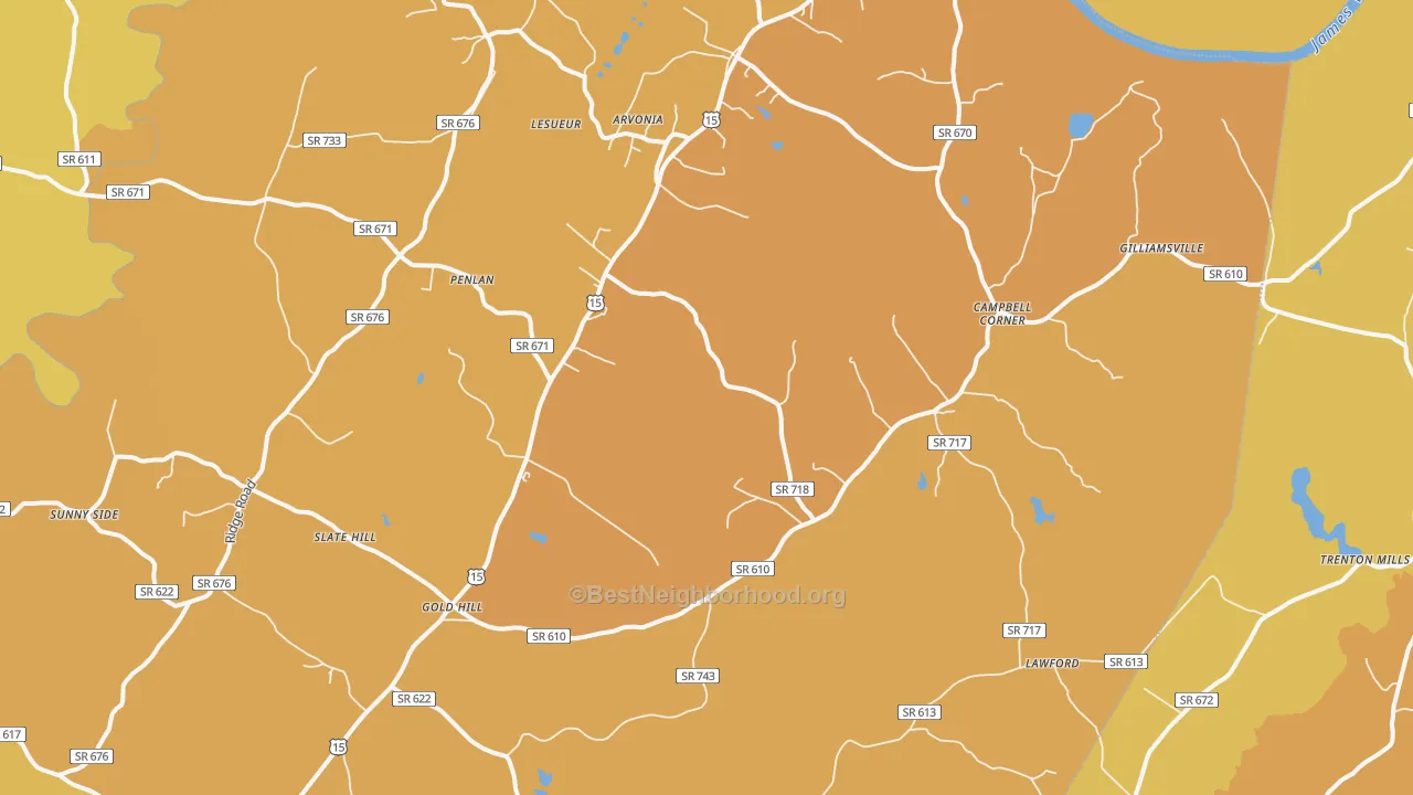 Map of the best neighborhoods in the New Canton area, with better matches in green and worse matches in red