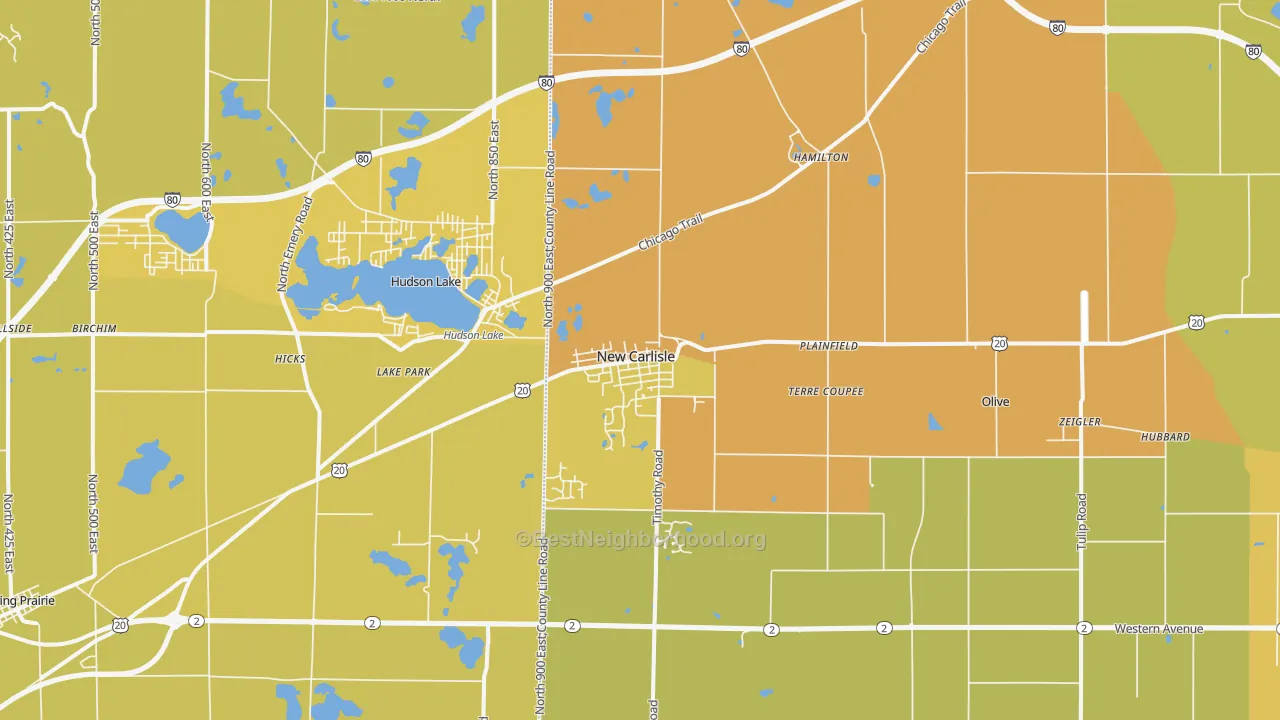Map of the best neighborhoods in the New Carlisle area, with better matches in green and worse matches in red