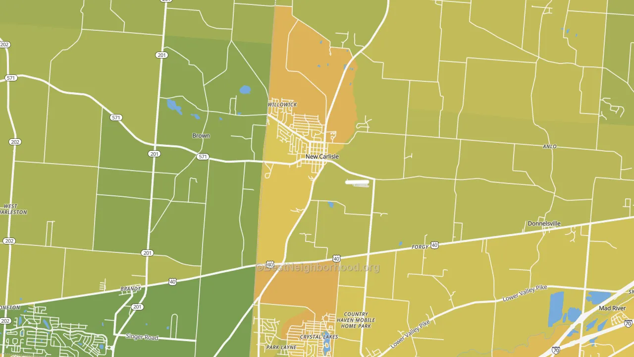 Map of the best neighborhoods in the New Carlisle area, with better matches in green and worse matches in red