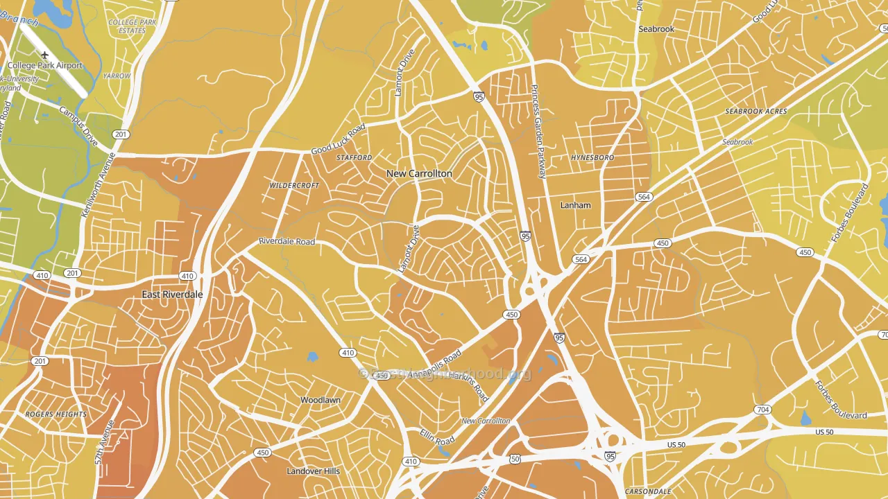Map of the best neighborhoods in the New Carrollton area, with better matches in green and worse matches in red