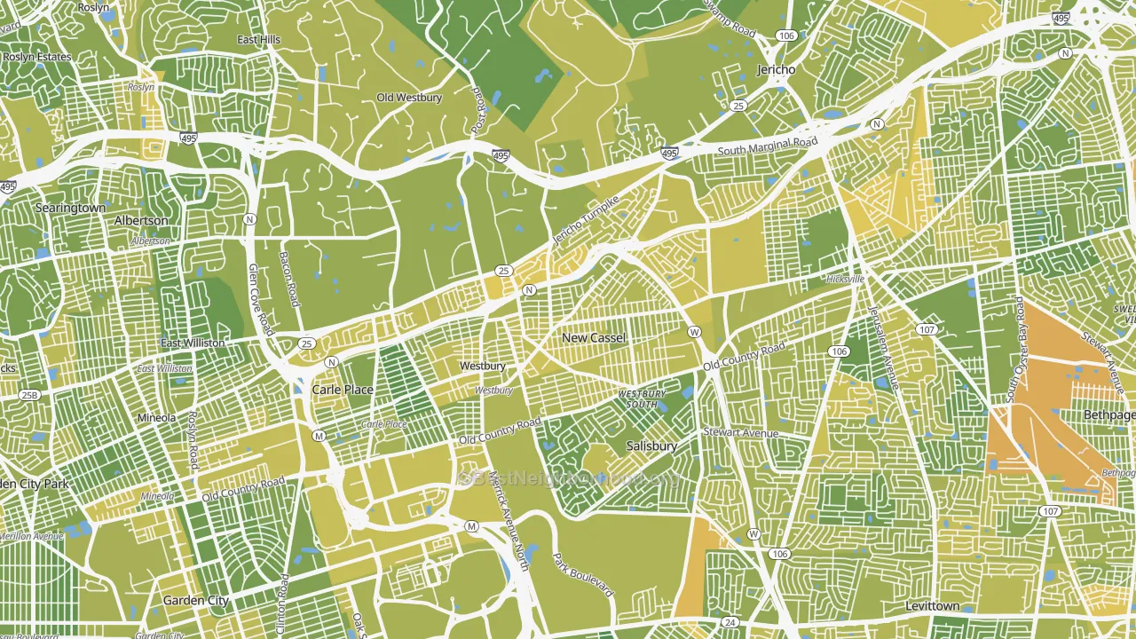Map of the best neighborhoods in the New Cassel area, with better matches in green and worse matches in red