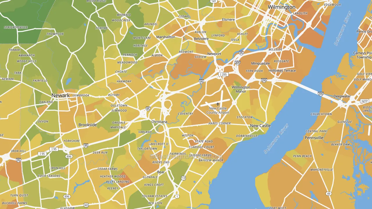Map of the best neighborhoods in the New Castle County area, with better matches in green and worse matches in red