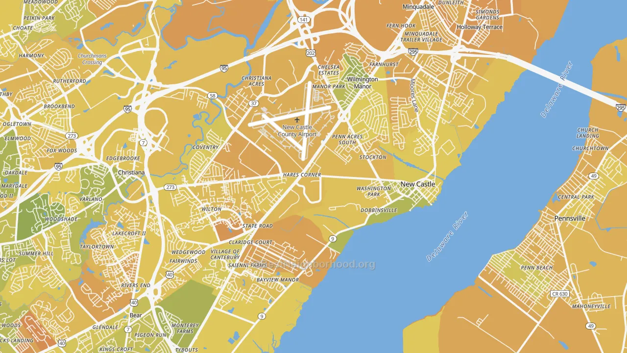 Map of the best neighborhoods in the New Castle area, with better matches in green and worse matches in red