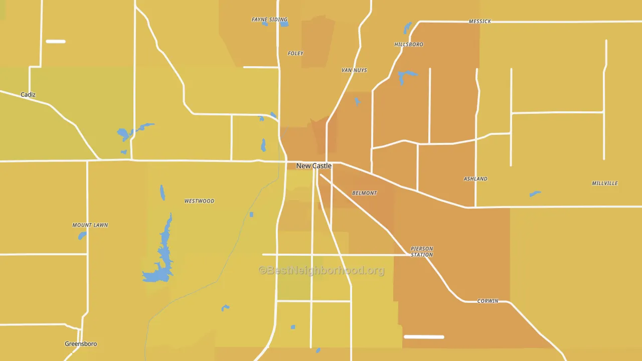 Map of the best neighborhoods in the New Castle area, with better matches in green and worse matches in red