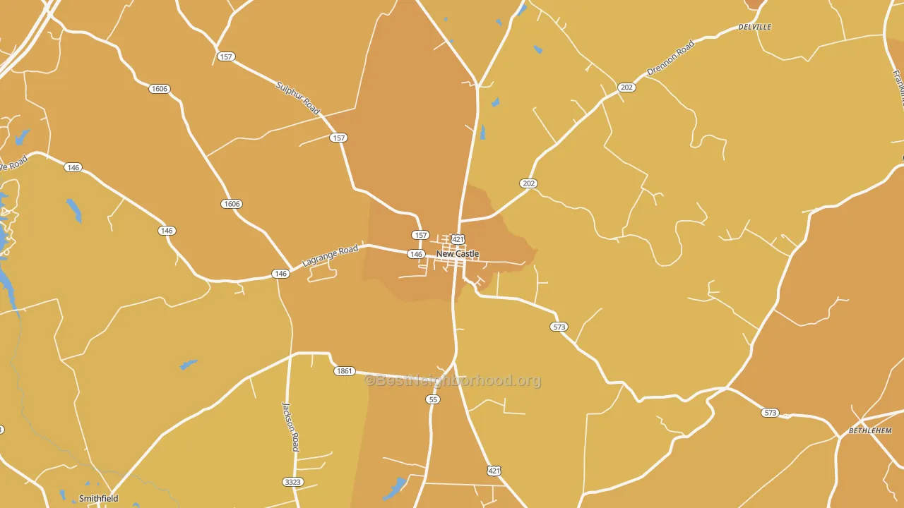 Map of the best neighborhoods in the New Castle area, with better matches in green and worse matches in red
