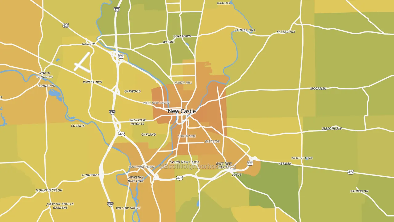 Map of the best neighborhoods in the New Castle area, with better matches in green and worse matches in red