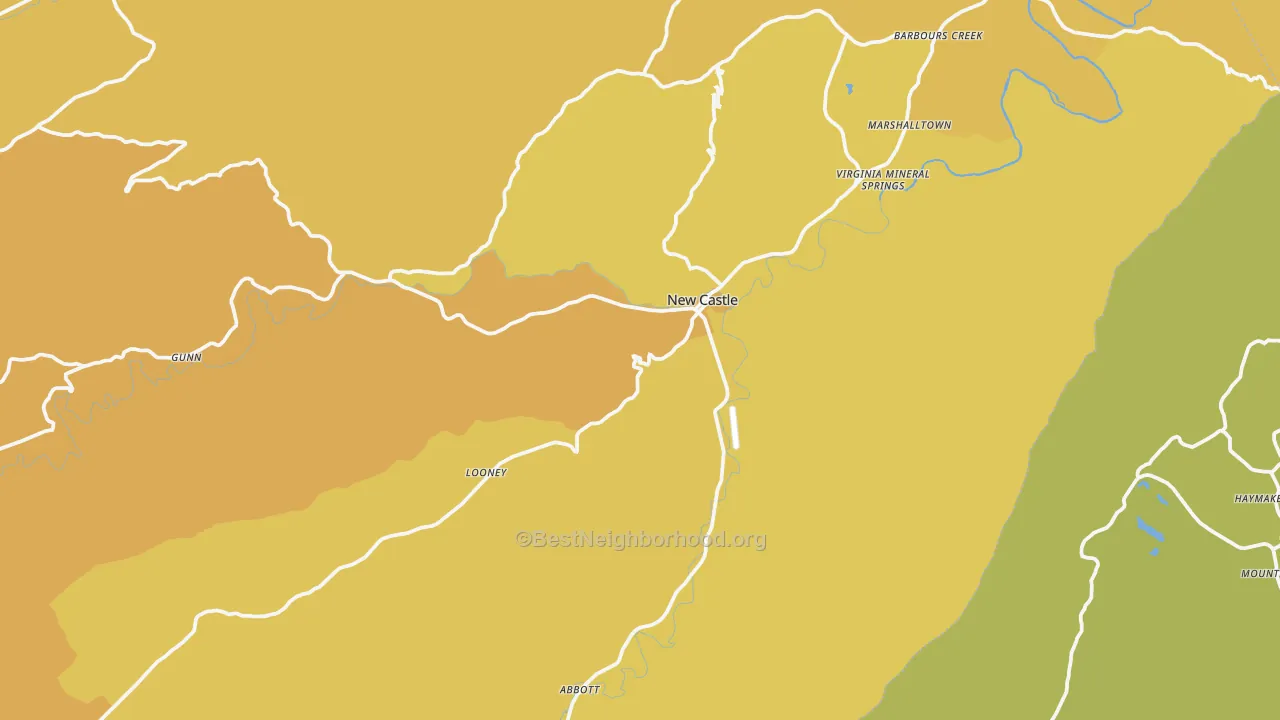 Map of the best neighborhoods in the New Castle area, with better matches in green and worse matches in red