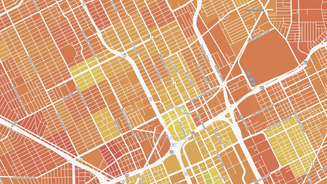 Map of the best neighborhoods in the New Center, Detroit area, with better matches in green and worse matches in red
